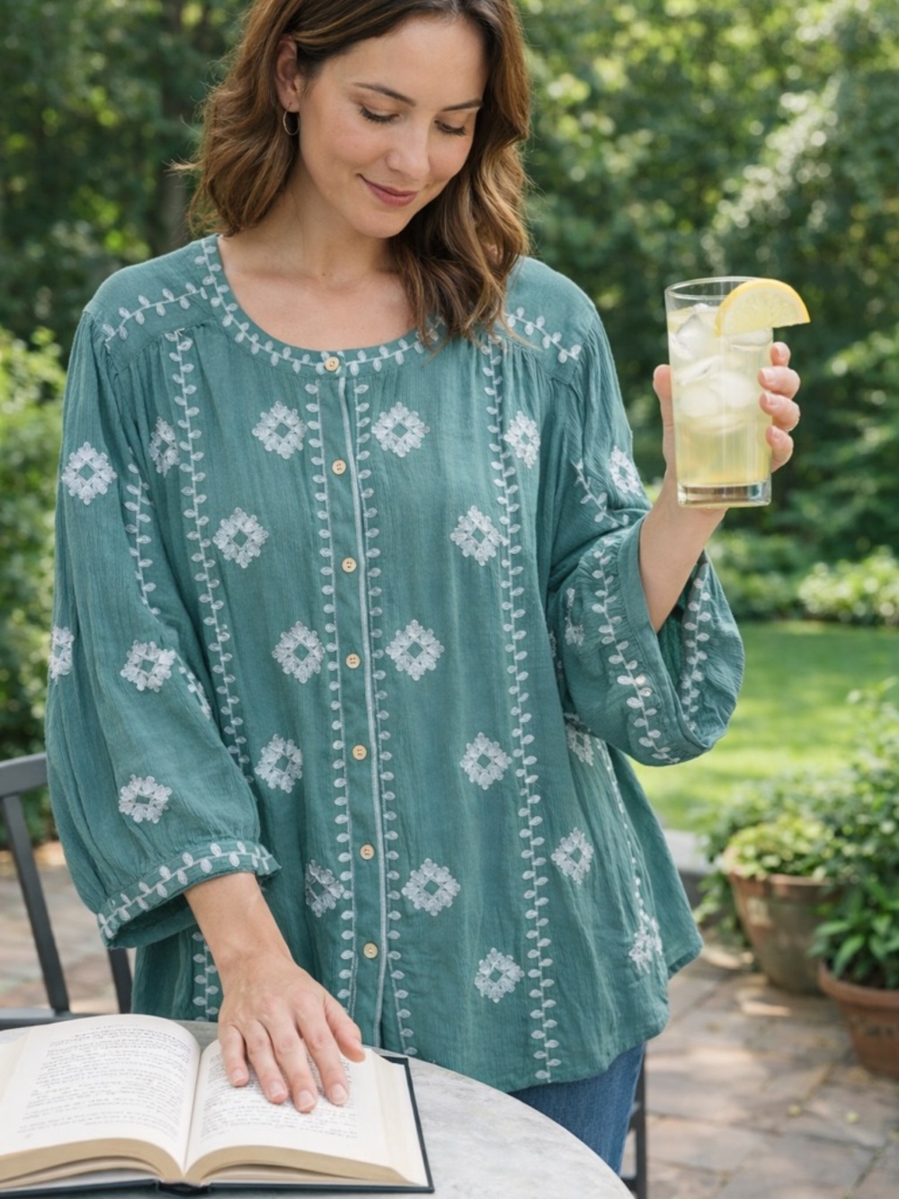 J Jill XL Embroidery Gauze Blouse Green Boho Peasant Top Oversized Flowy Balloon